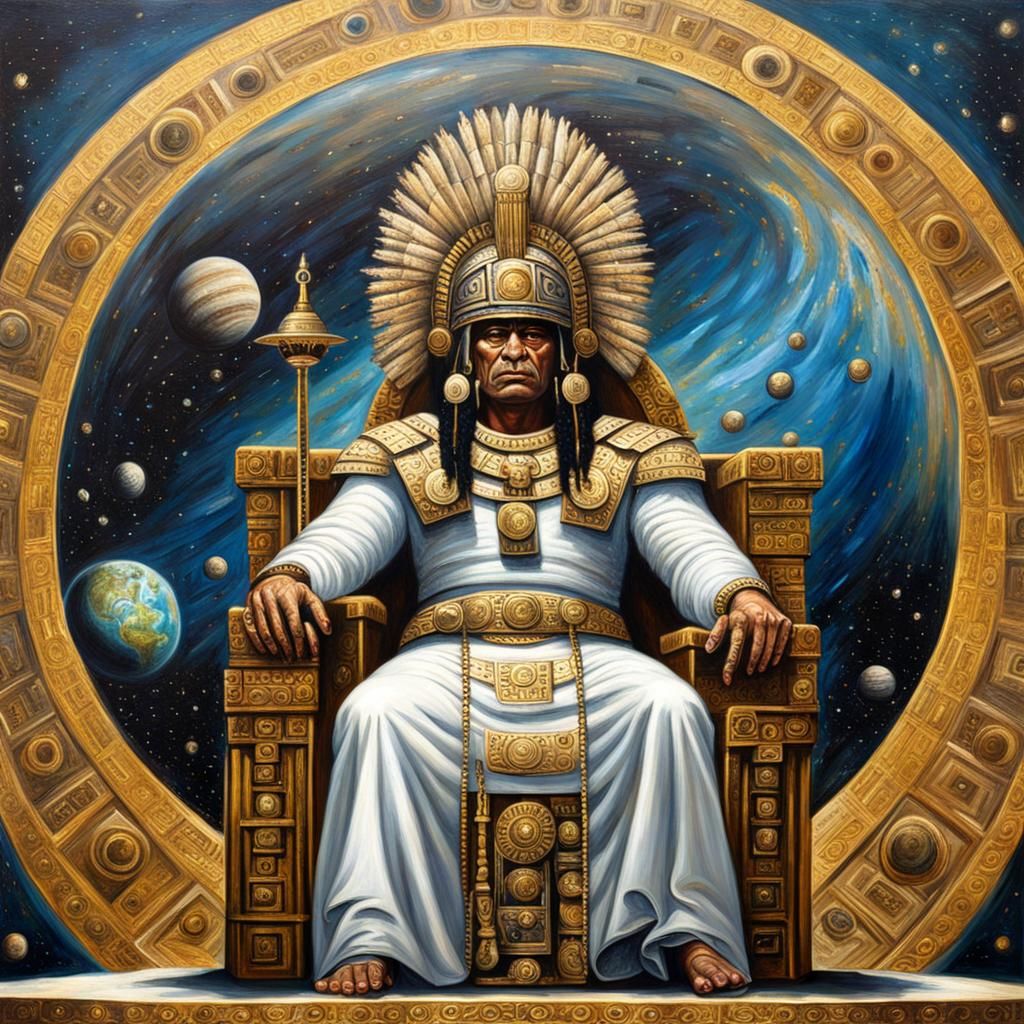 Aztec Emperor on Silver Throne, Oil Painting