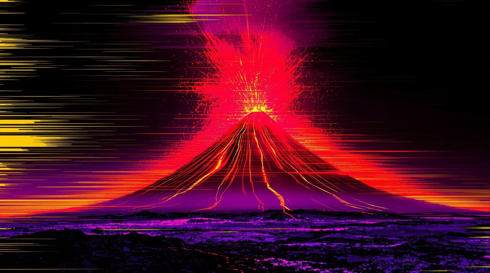 Vibrant Glitch Art of a Volcano Eruption in Cyberpunk Colors