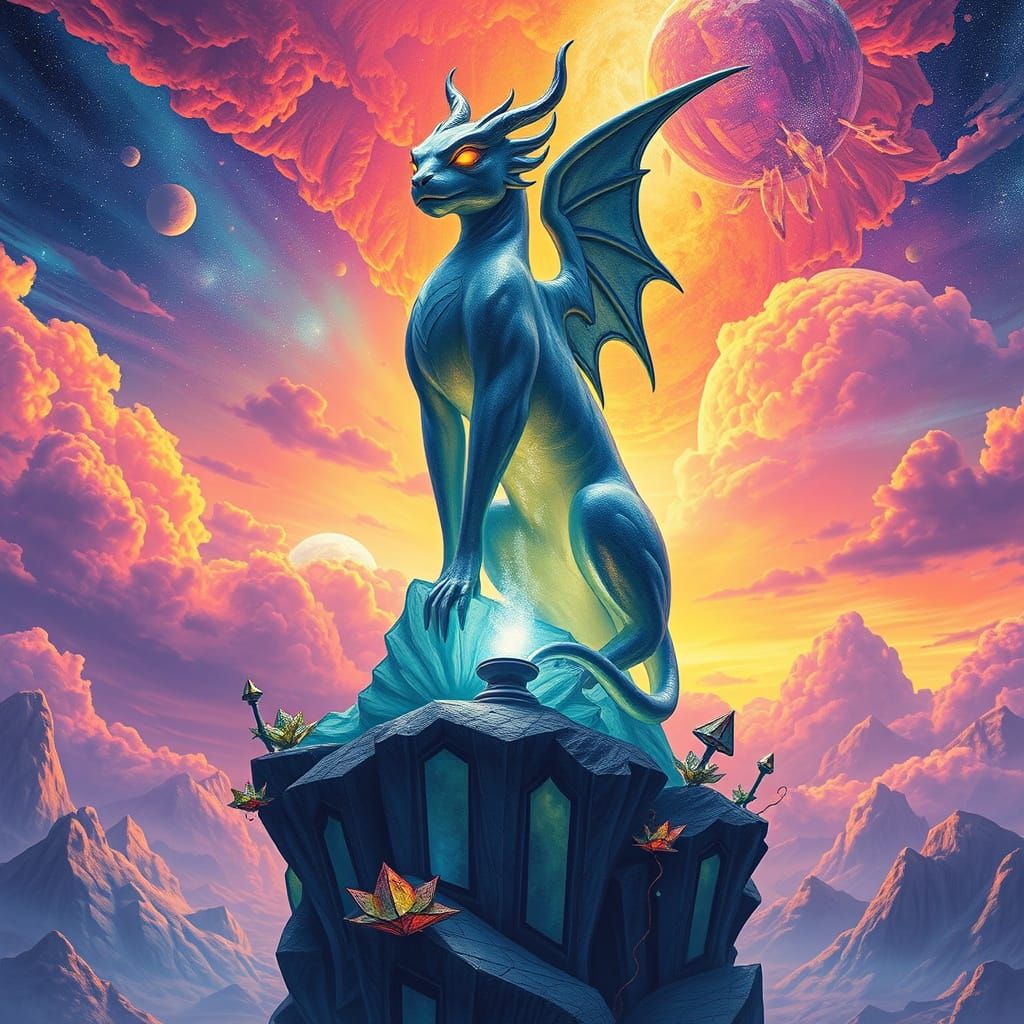 Mythical Starlight Statue on Floating Island in Alien Sky