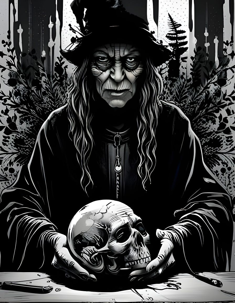 Old Witch with Skull Mask and Crystal Ball