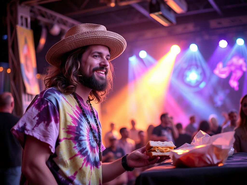 Psychedelic Hippie Vendor at Phish Concert in Art Deco Style