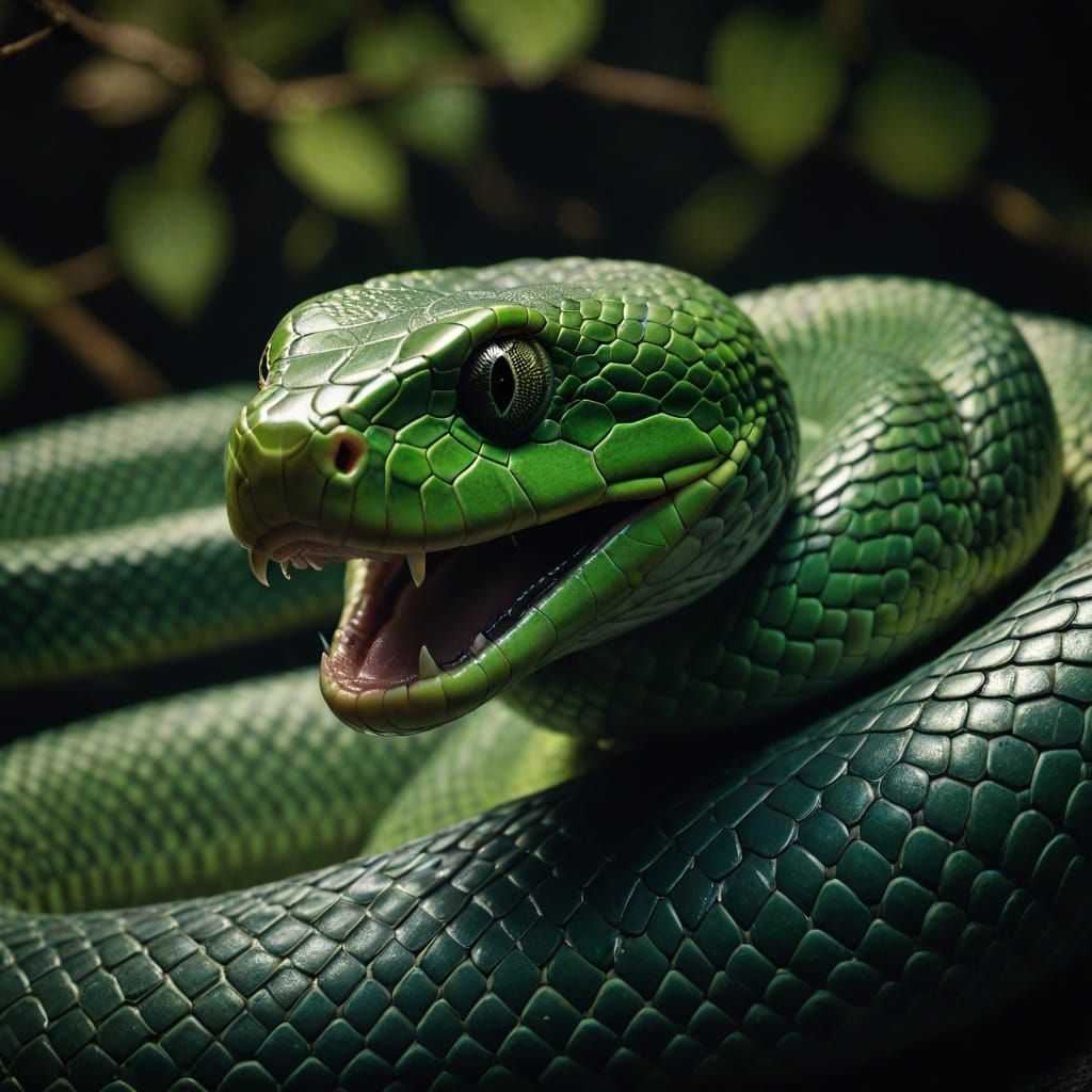 Moody Close-up of a Green Scaled Snake in Rich, Earthy Tones