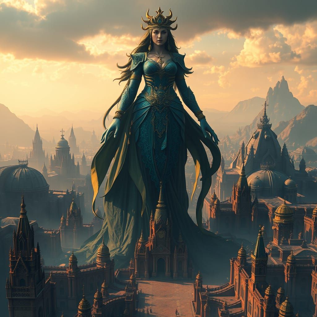 Majestic Goddess Rises Above Ancient City