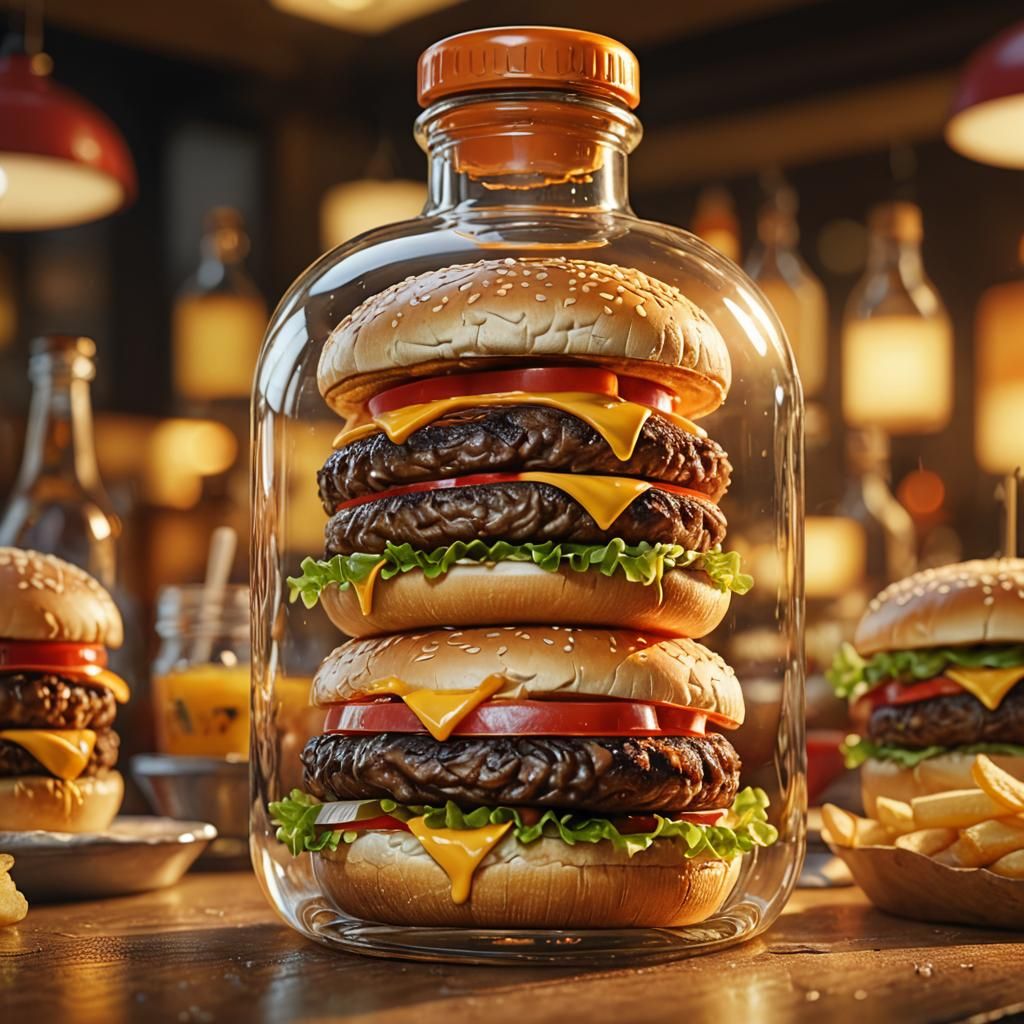 Cheeseburger in a Bottle: Hyper-Realistic Digital Photograph...
