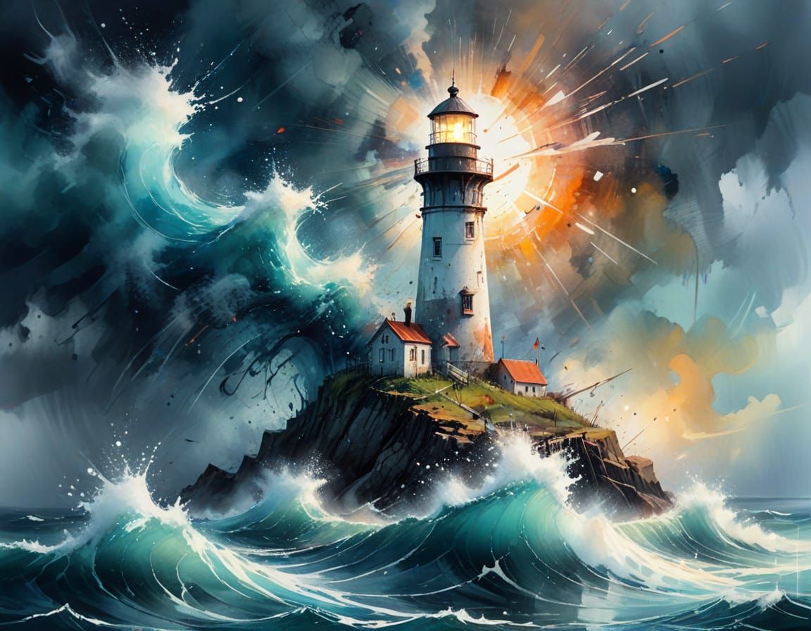 Stormy Sea Lighthouse in Surreal Watercolour Style