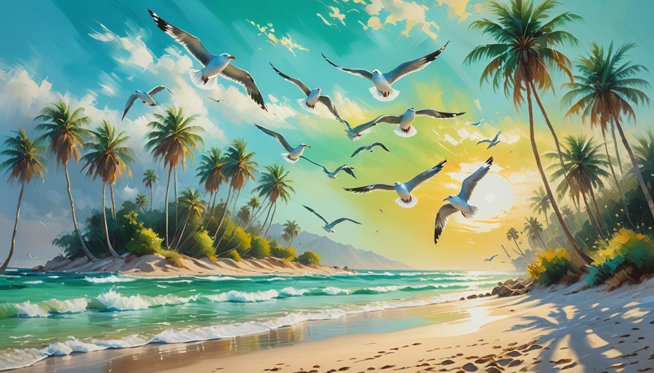 Seagulls Over Beach Palm Trees as Oil Painting