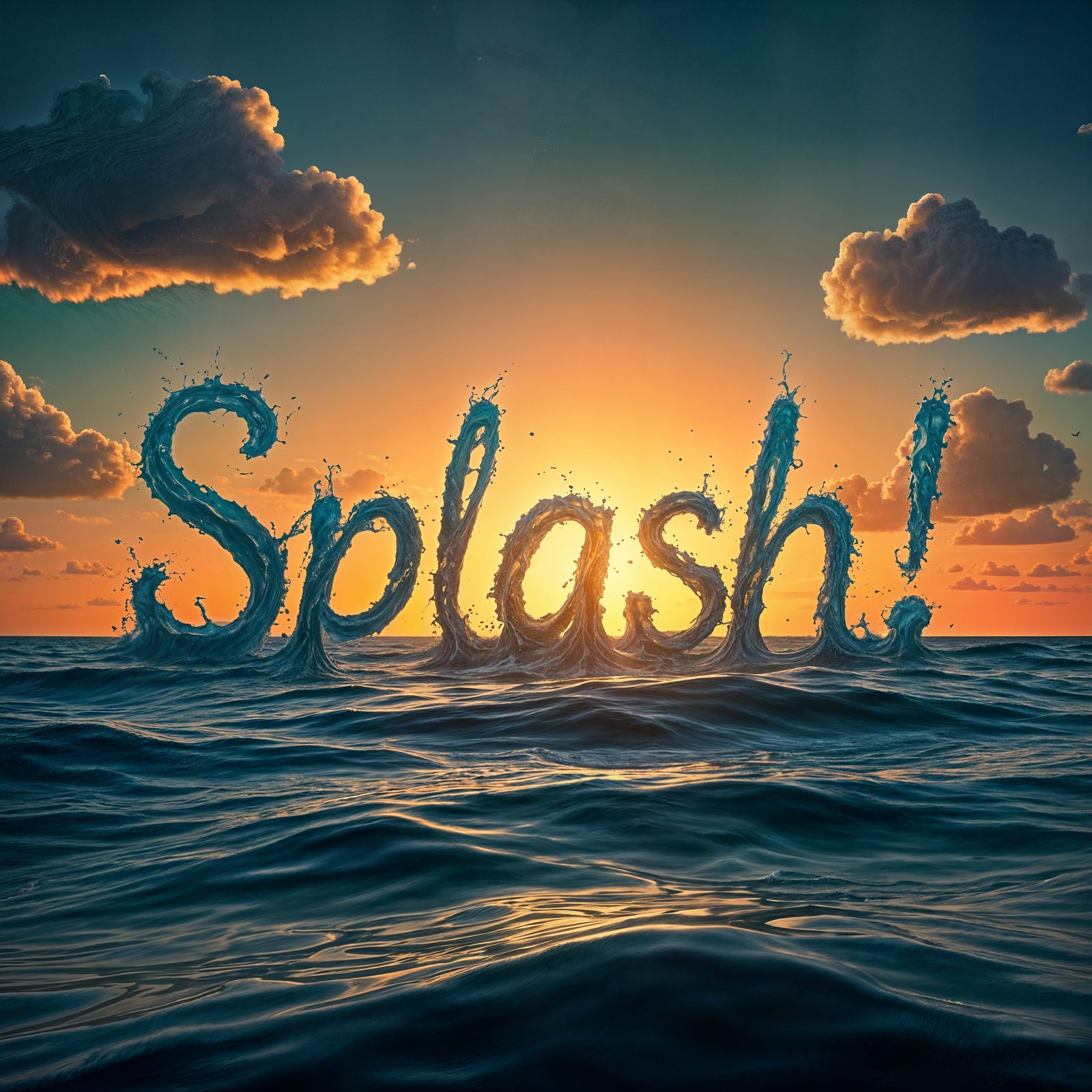 Seascape Sunset Waves Spell "Splash!" in HDR