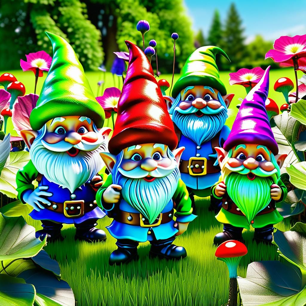 Hyper-Realistic Gnomes on a Lawn in Digital Art