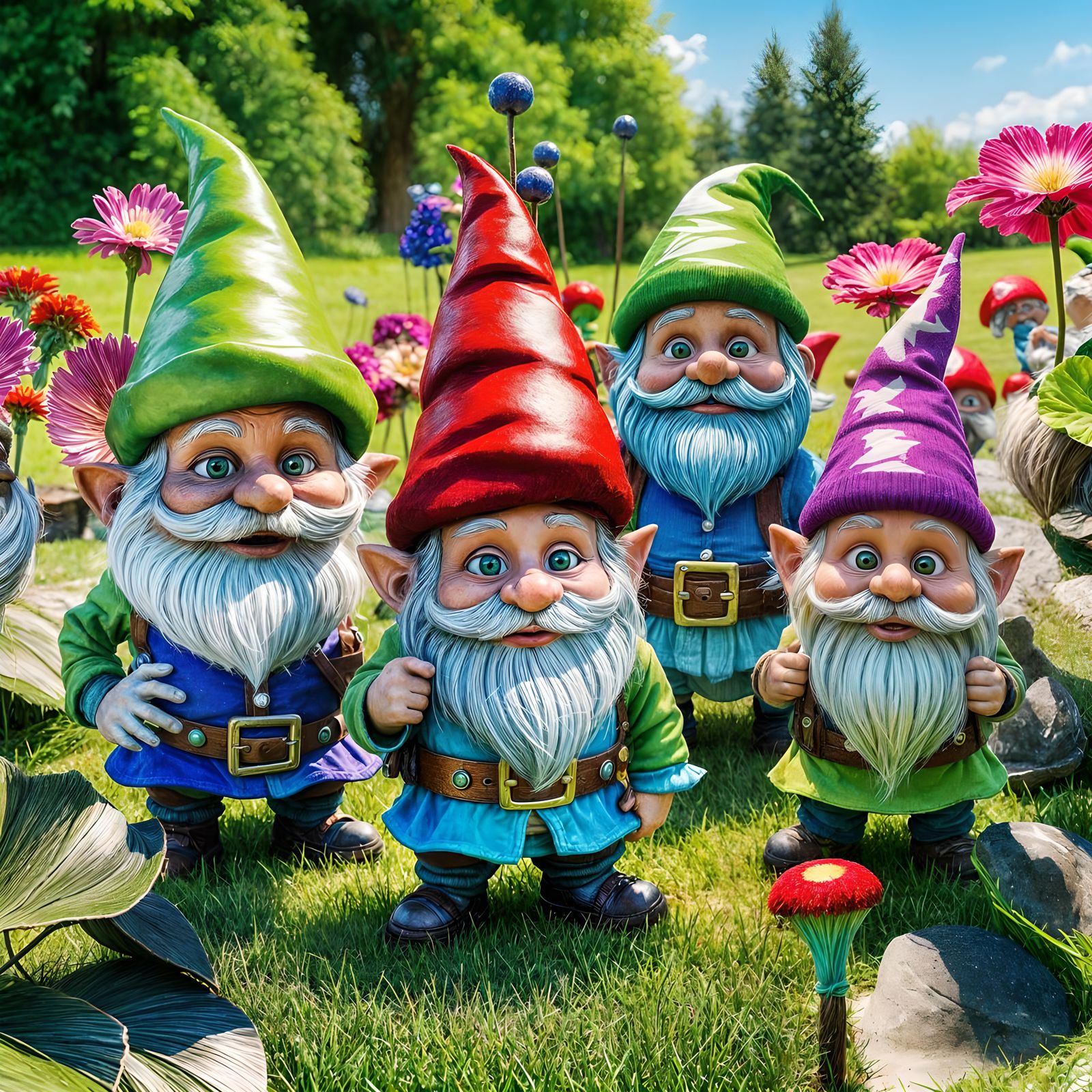 Hyperrealistic Gnomes on Lawn in Digital Artwork