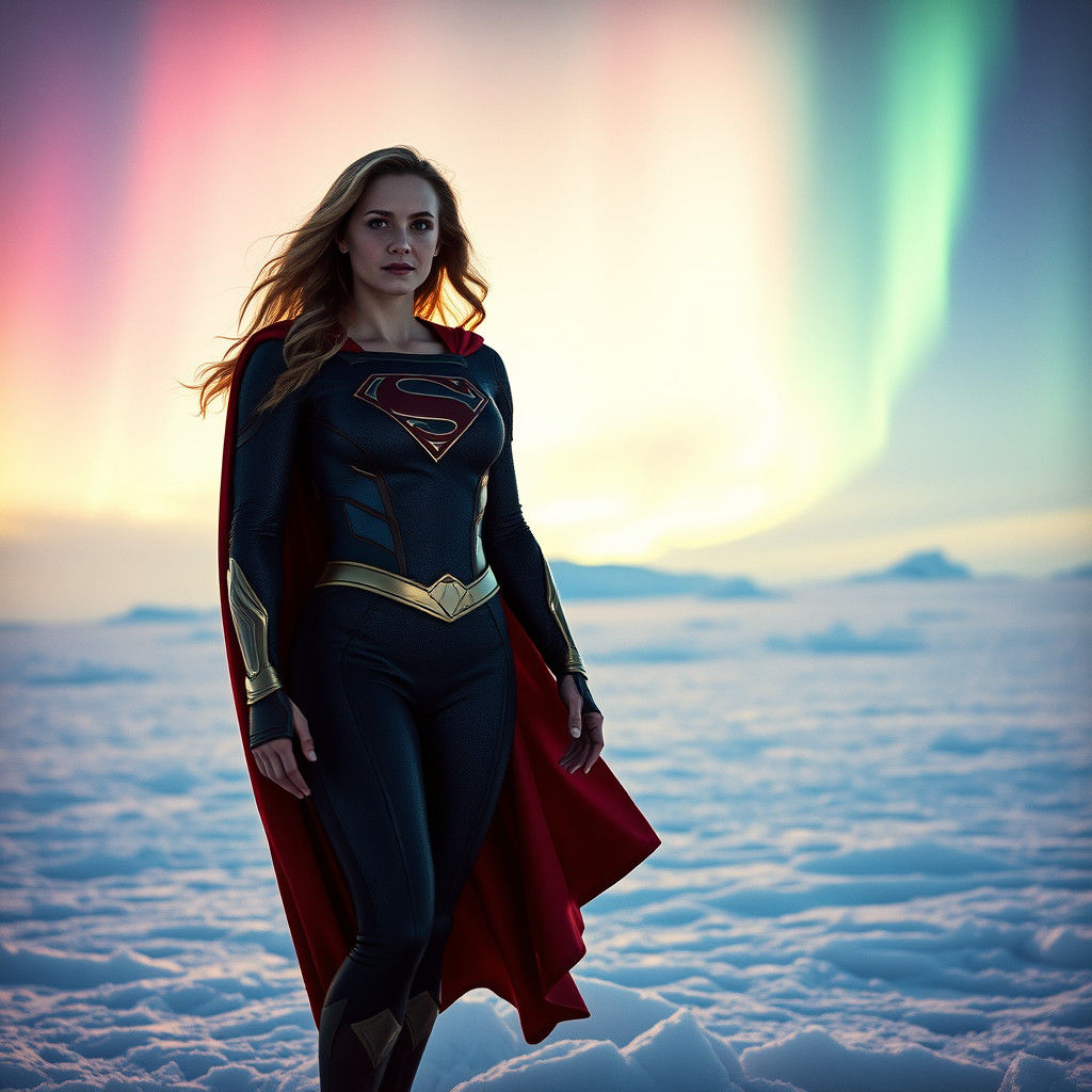 Supergirl in Arctic Circle Under Aurora Borealis