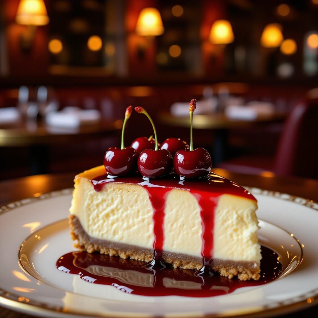Decadent Cheesecake with Cherries in Restaurant Setting