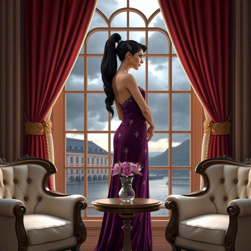 Meg in Elegant Greek Attire Amidst a Rainy Storm