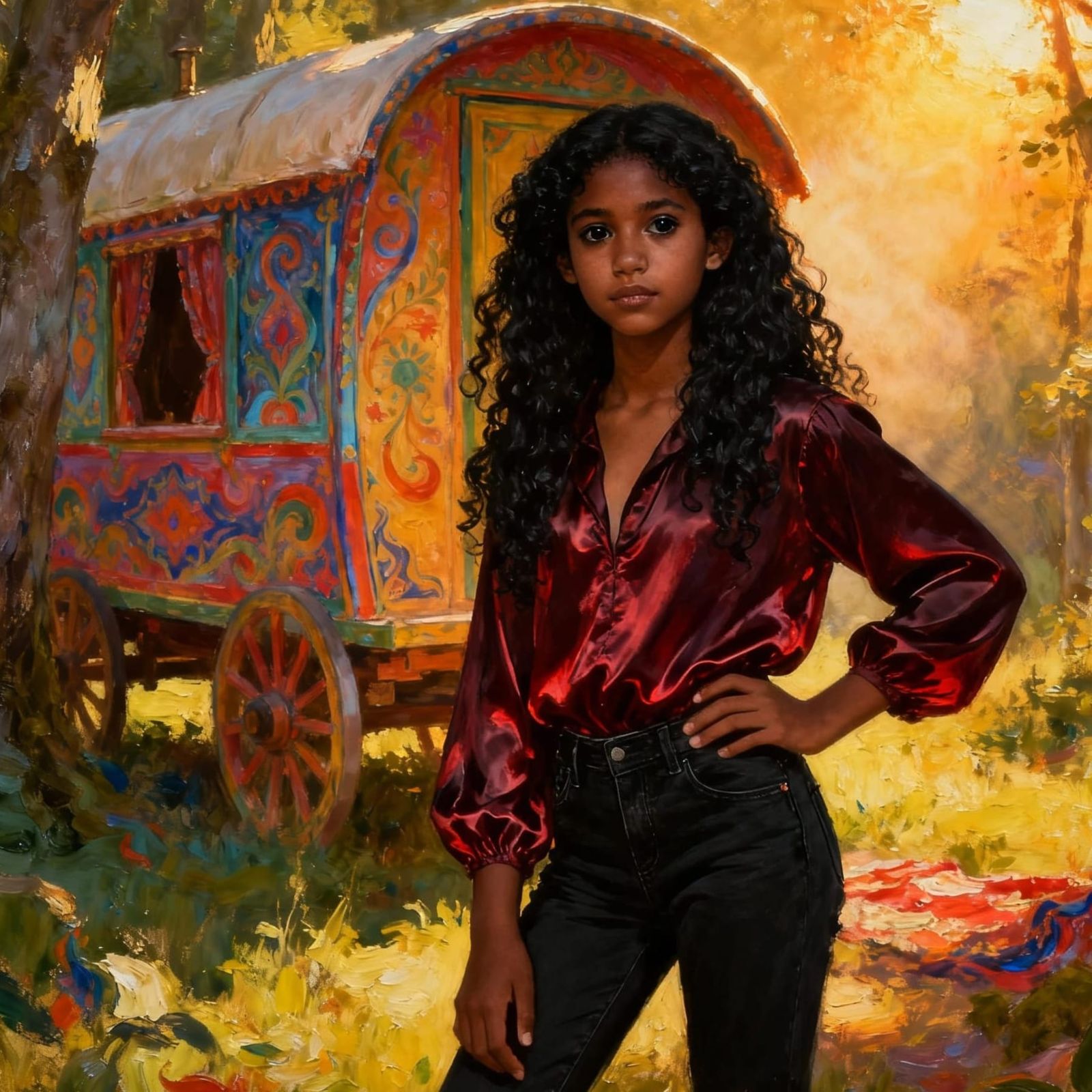 Gypsy Girl Poses Before Forest Caravan