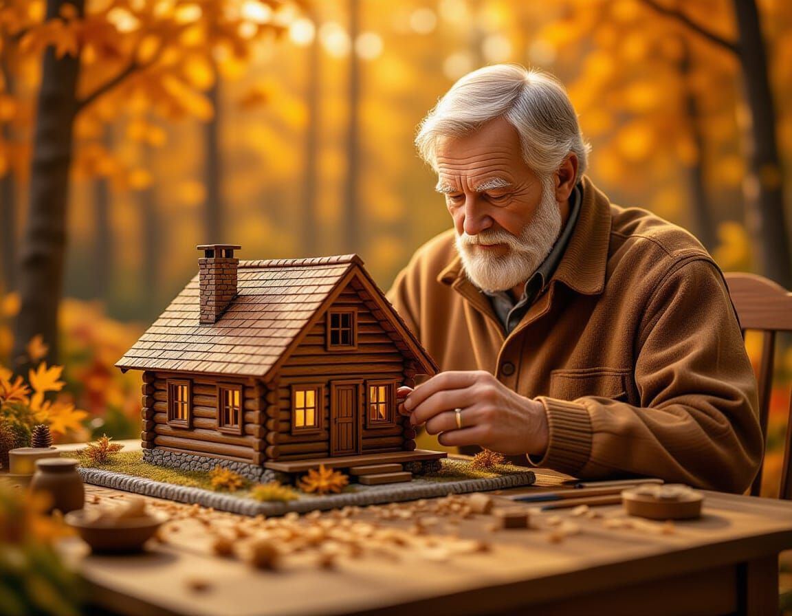 Elderly Man Crafts Miniature Autumn Cabin on Table