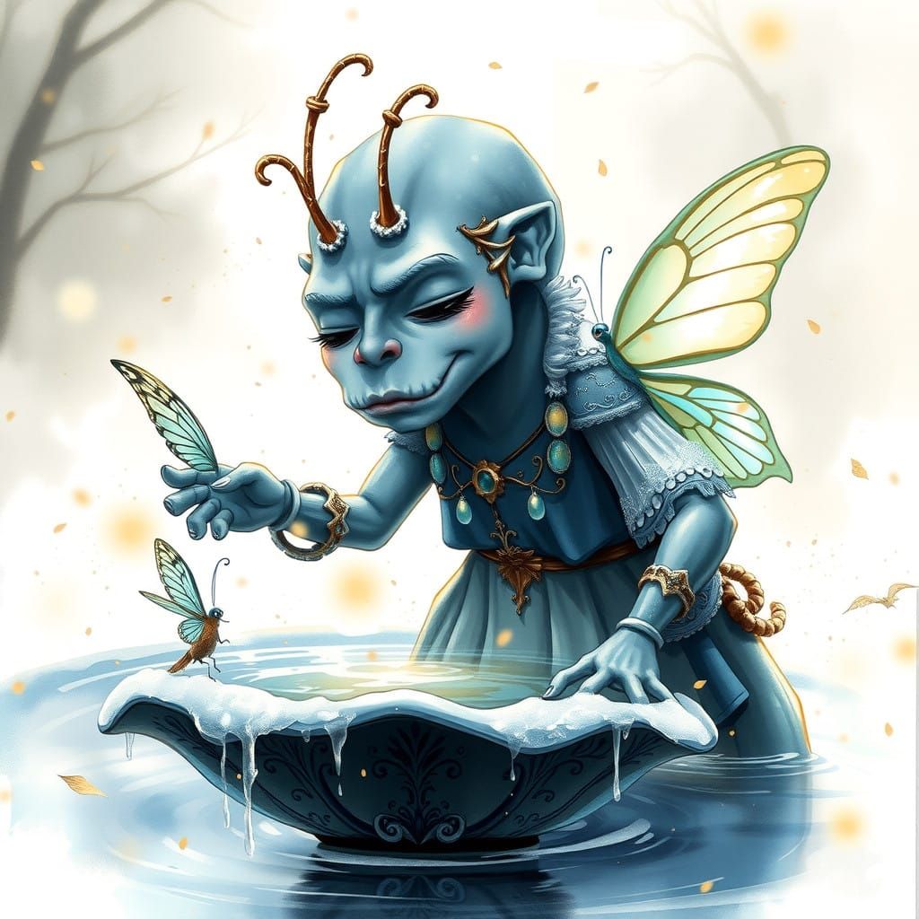 Whimsical Cyclops Touches Iridescent Butterfly in Frosty Won...