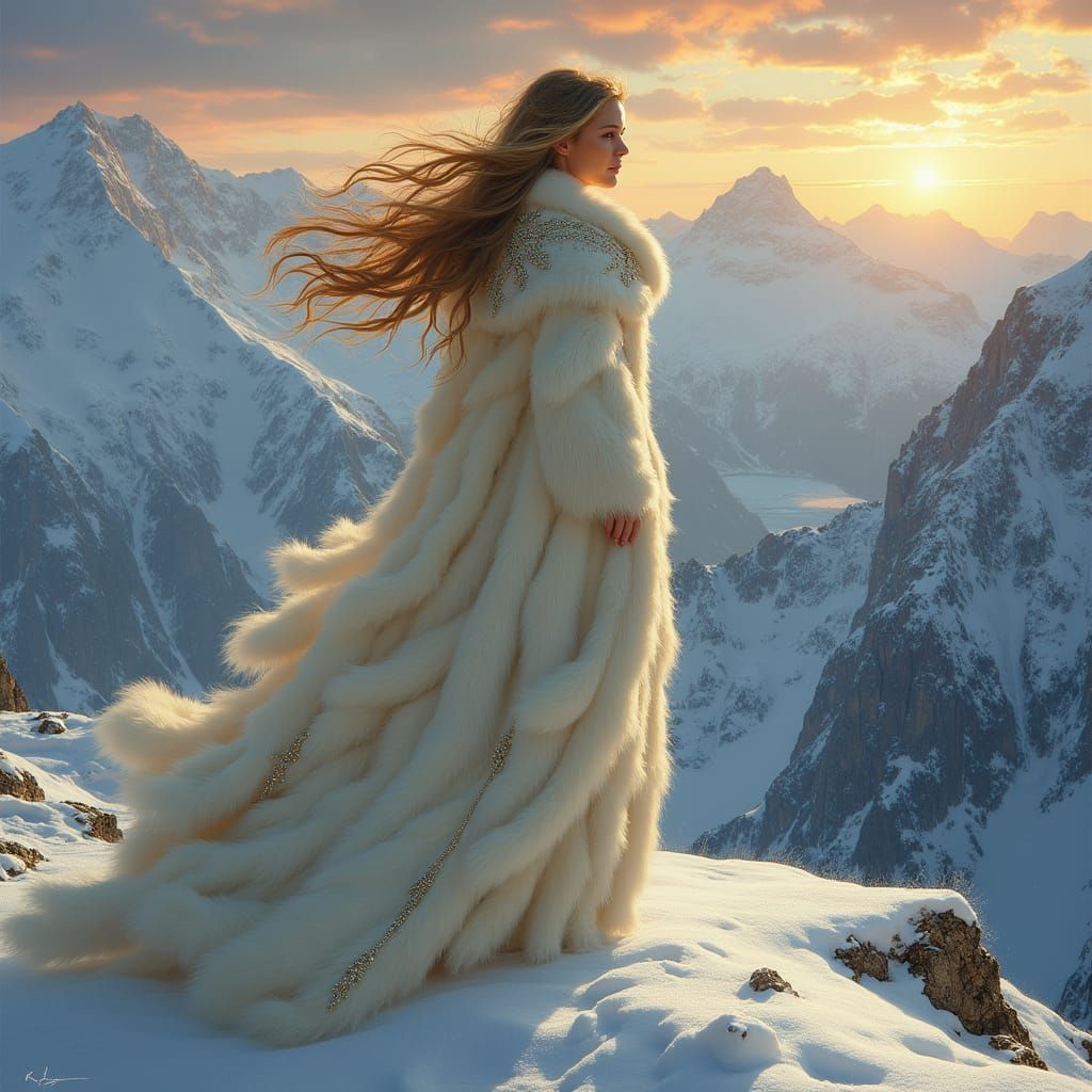 Regal Woman Ascends Snowy Mountain, Golden Locks Flowing in ...