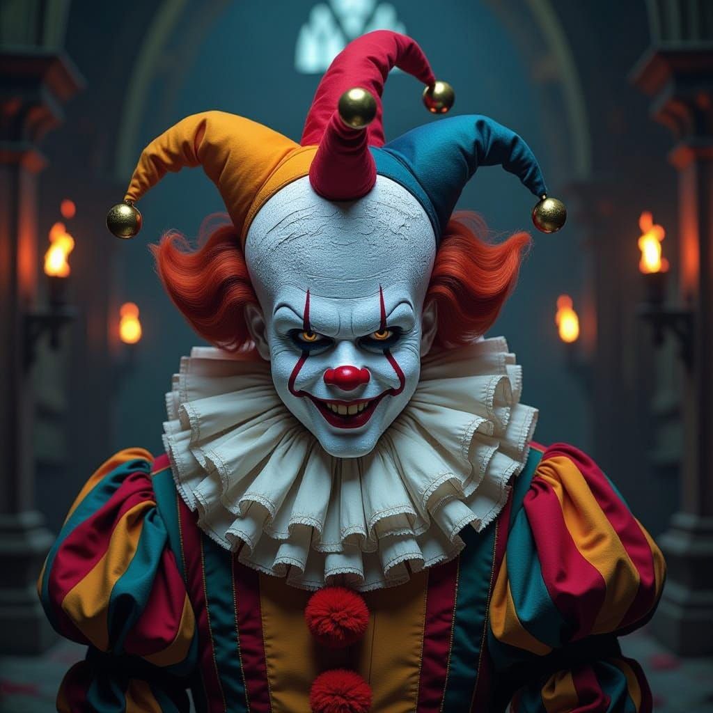 Medieval Jester Pennywise in Gothic Hall