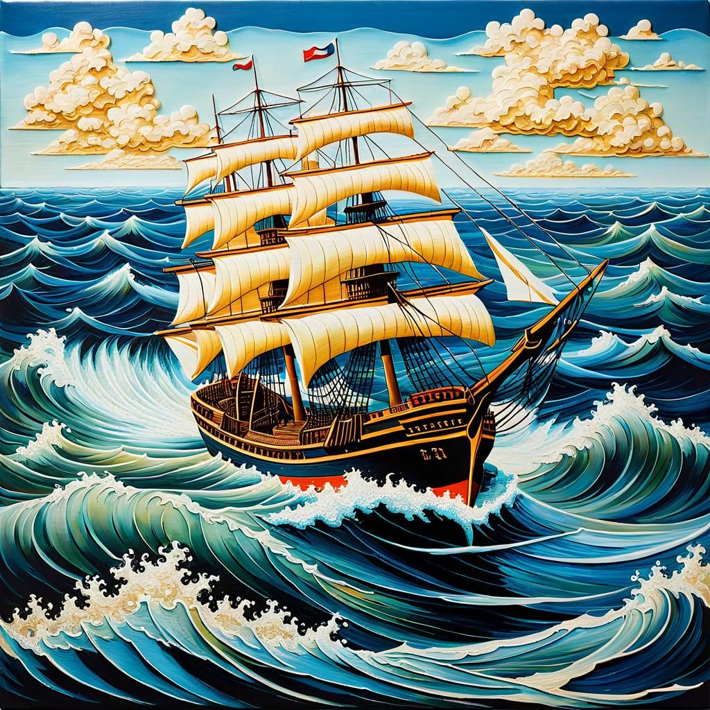 Sailor Ship on Turbulent Waters in Azulejos Style