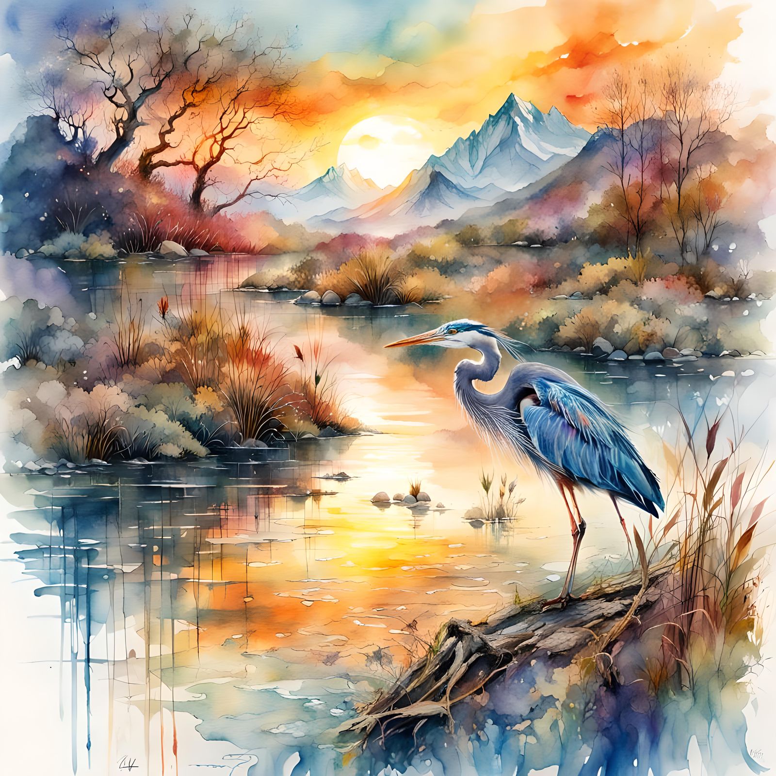 Watercolor Heron at Sunset Seasonscape Illustration