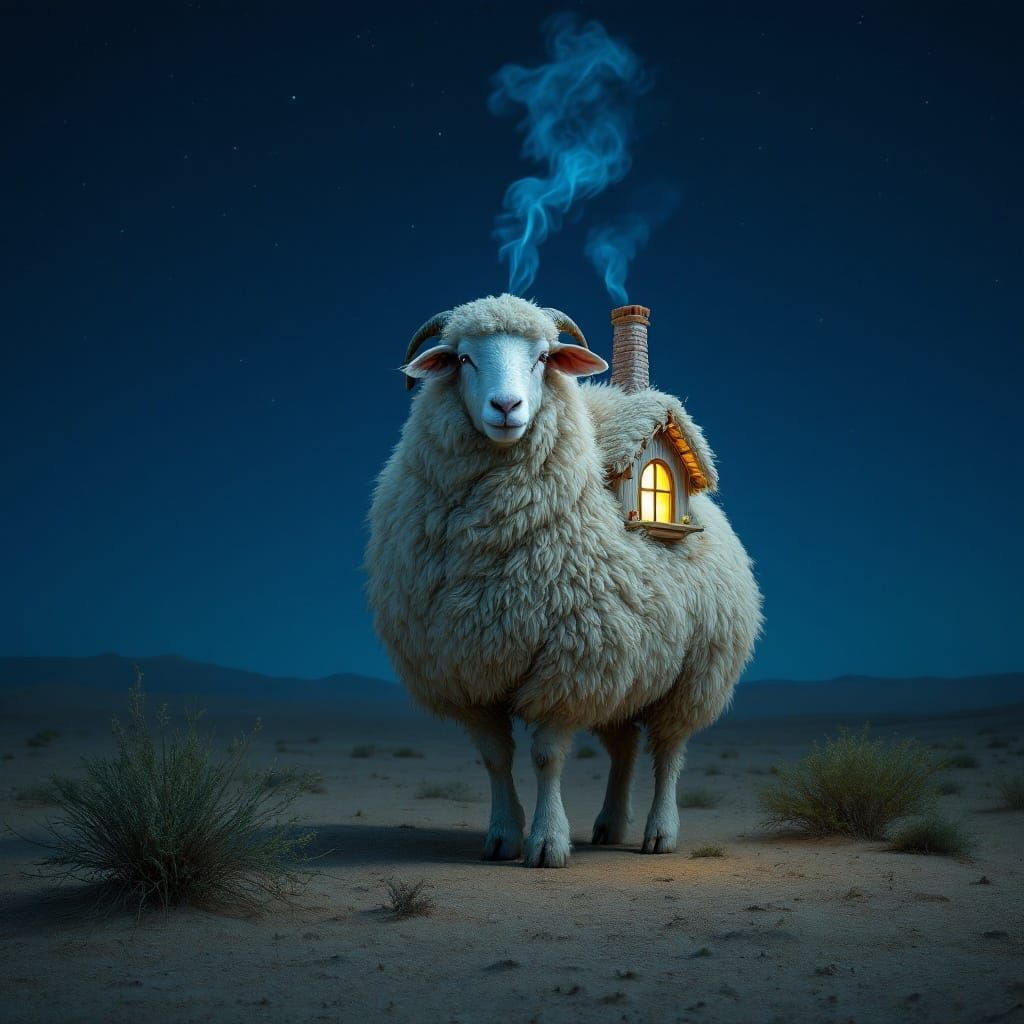 Furry Abode on Sheep's Back in Surreal Landscape