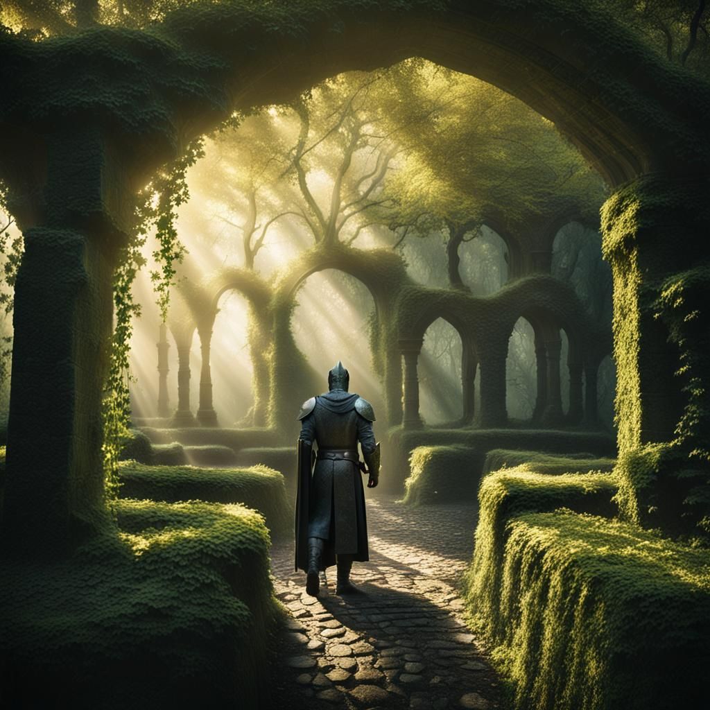 Mysterious Knight Navigates Medieval Forest Labyrinth