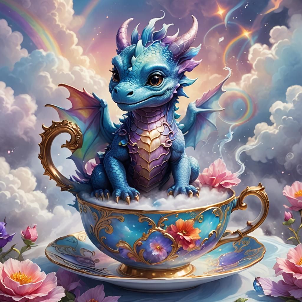 Baby Dragon in Teacup: Whimsical Concept Art
