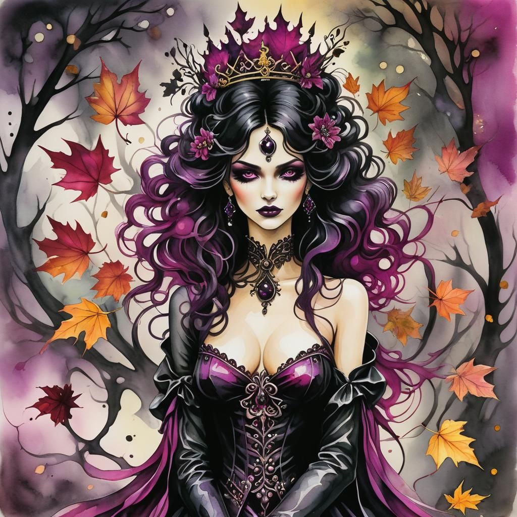 Black magenta alcohol ink autumn queen style of milo manara and anne stokes