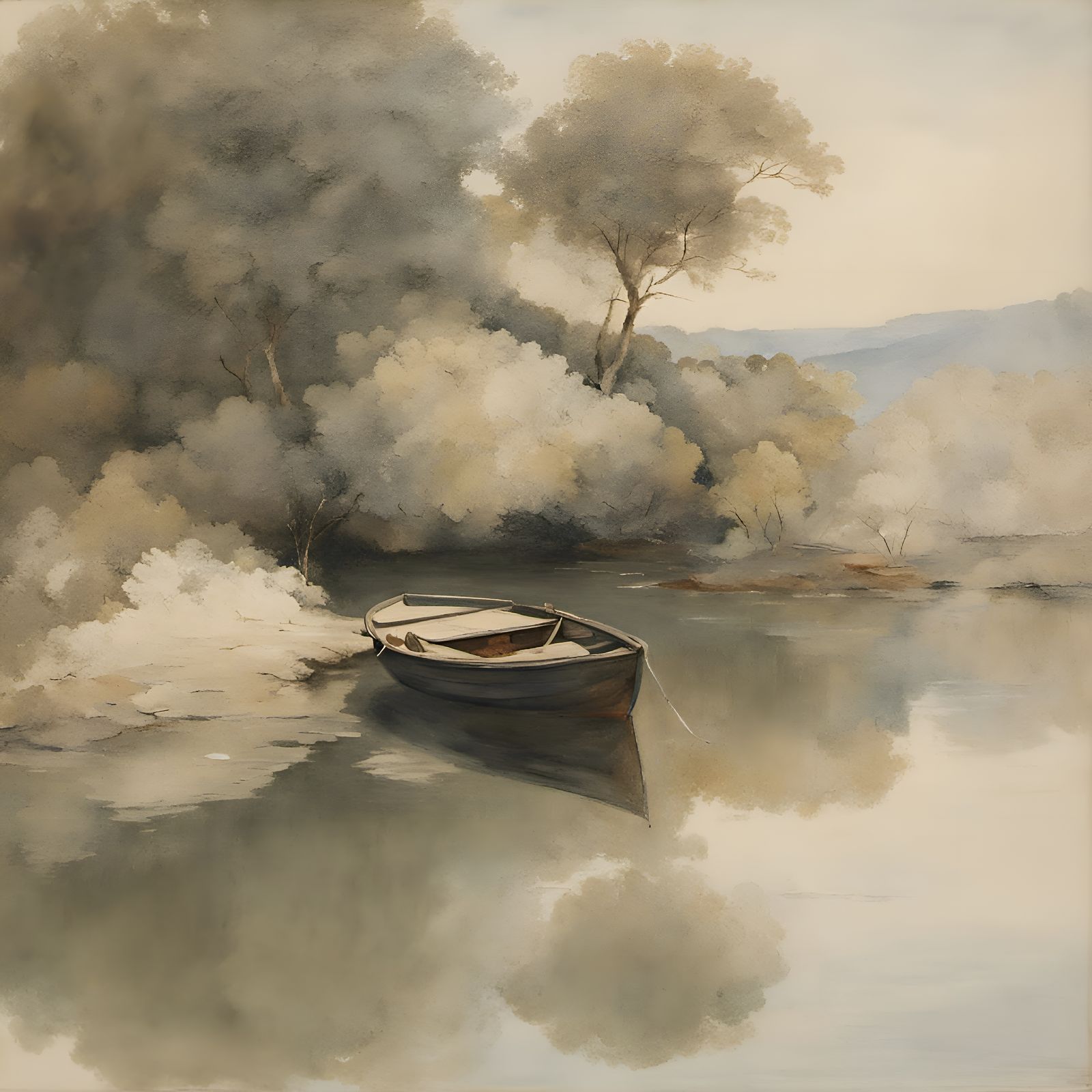 Secluded Inlet with Boat in Watercolor Style
