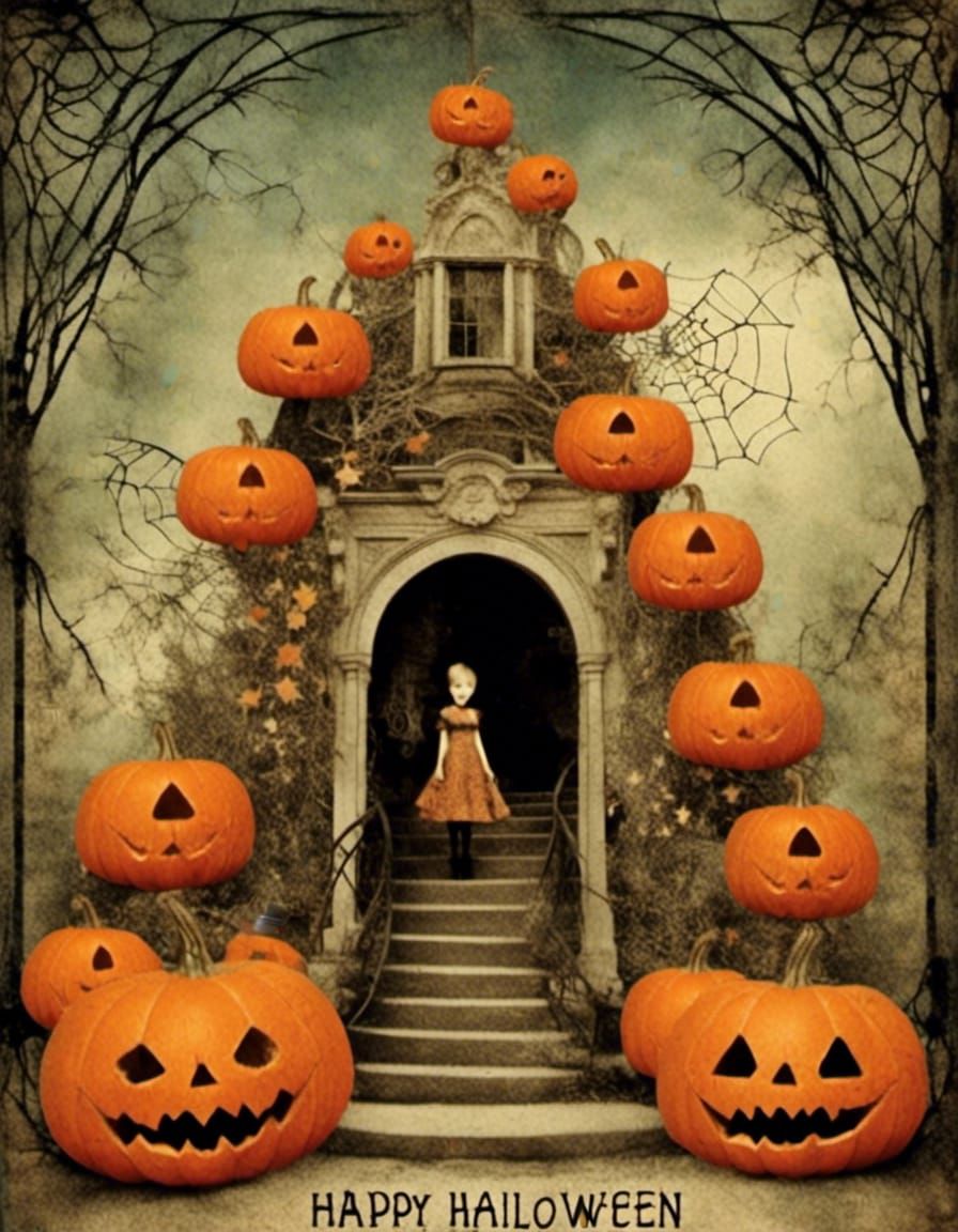 Whimsical Halloween Pumpkin Tower Portal Art