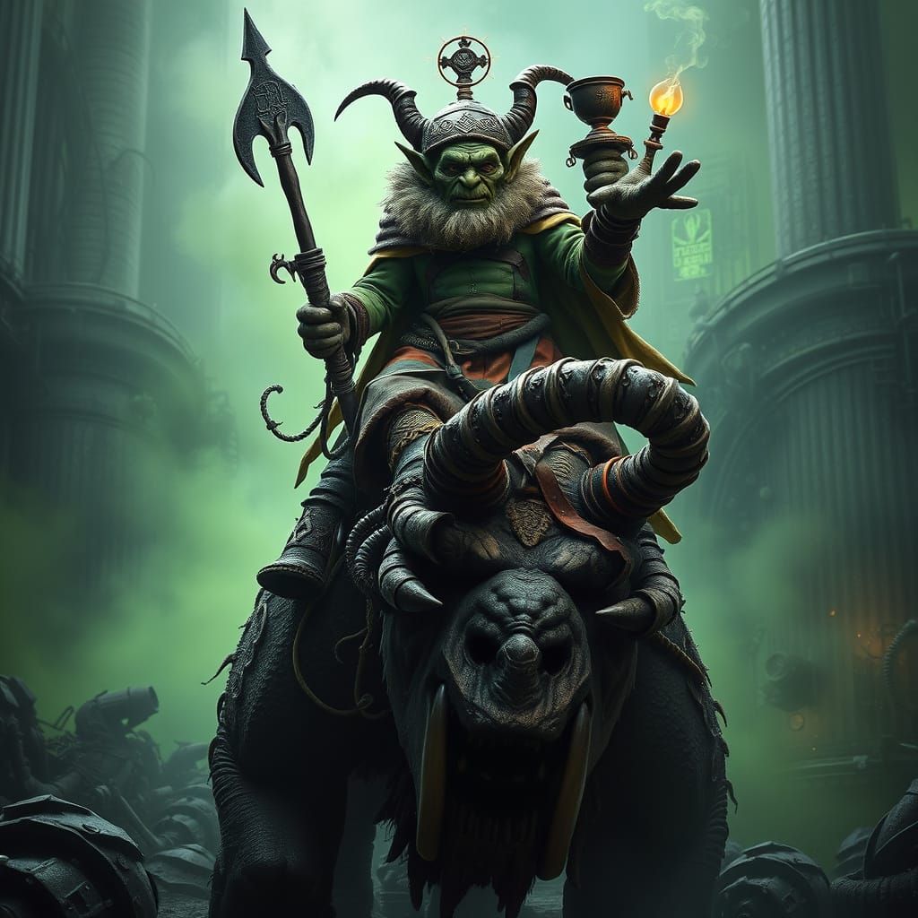 Goblin Alchemist Rides Ogre in Industrial Wasteland