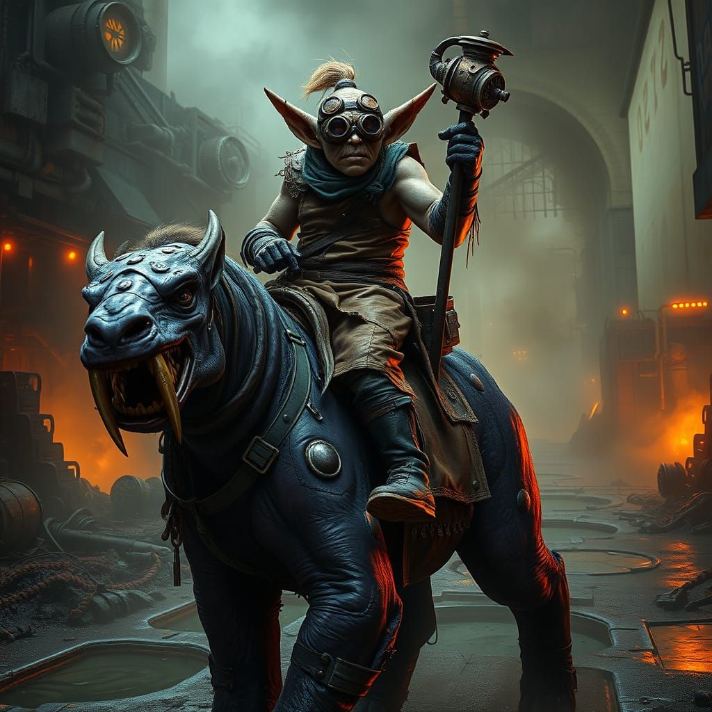 Goblin Alchemist Rides Ogre in Dystopian Wasteland