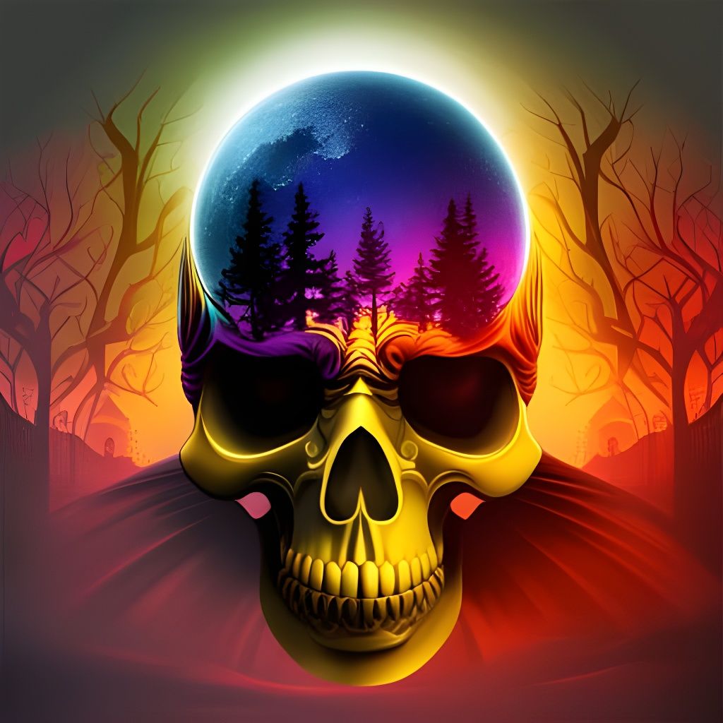 Skull Silhouette in Gloomy Forest, Abstract Fractal Art
