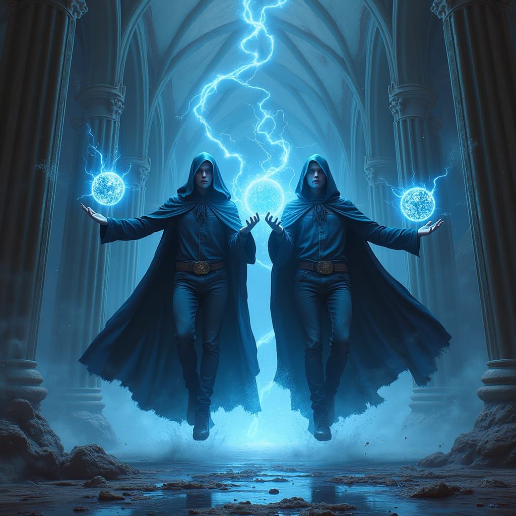 Wizards Conjuring Dark Magic in Gothic Hall