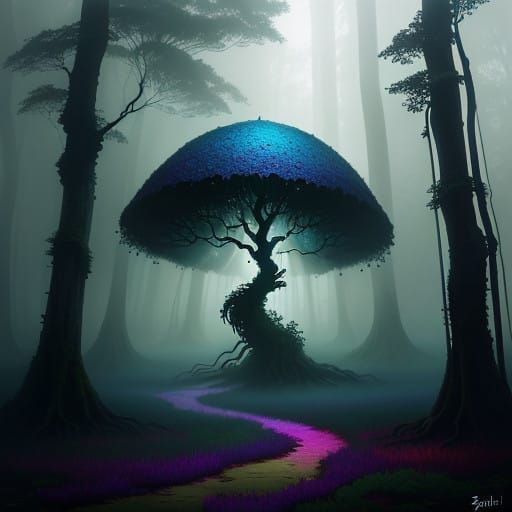 Enchanted Umbrella Tree in a Misty Forest