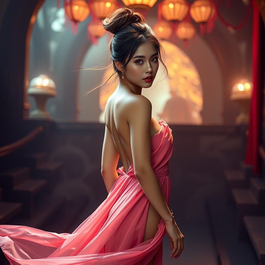 Seductive Lady in Elegant Pink Gown