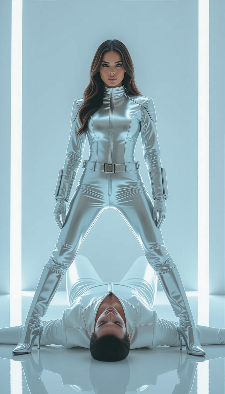 Astronaut Woman Stands on Man's Chest in Cinematic Lighting