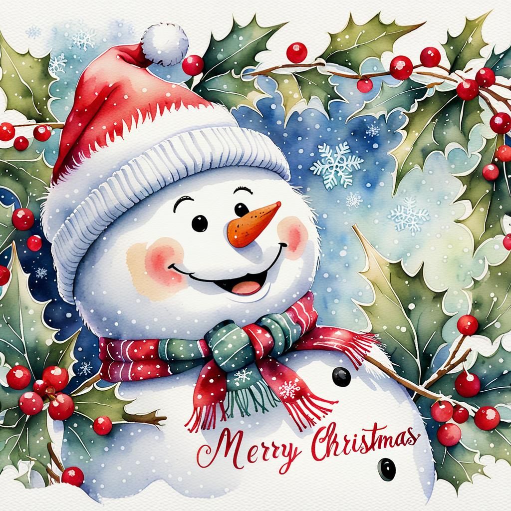 Christmas Snowman Postcard in Watercolor Style