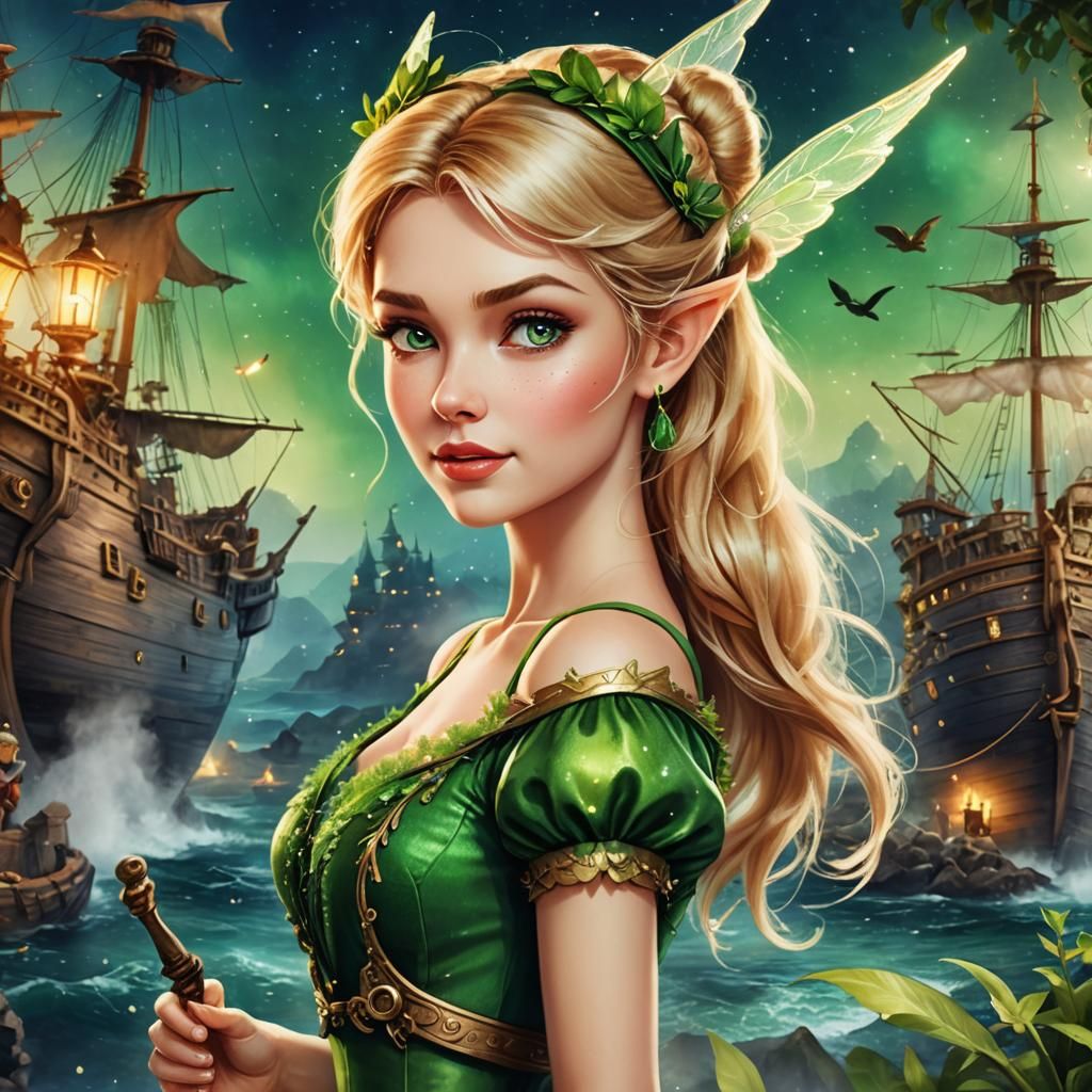 Watercolor Virgo Woman as Tinkerbell with Pirate Ship