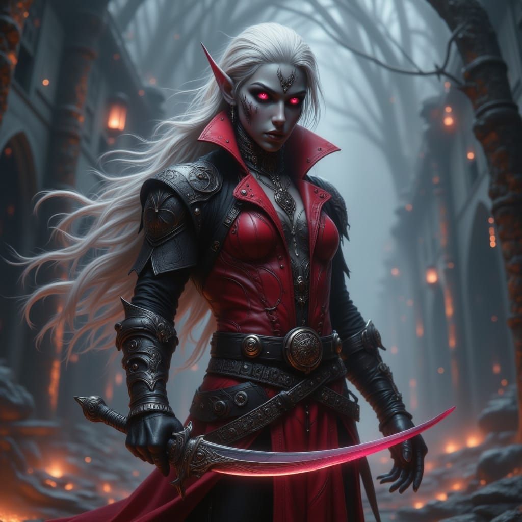 Muscular Drow Elf Rogue in Red Leather with Pink Eyes