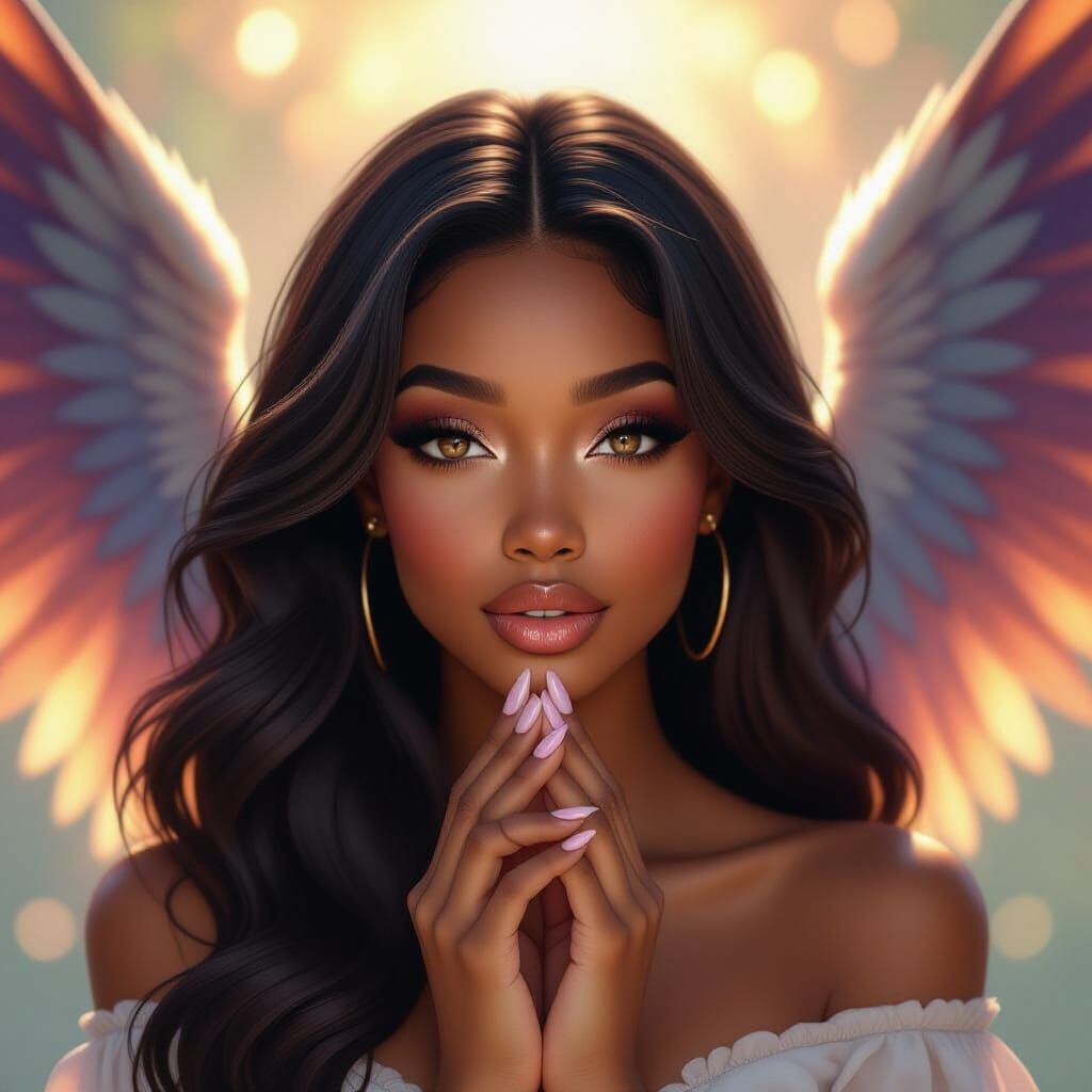 Black Woman With Ethereal Wings in Dappled Sunlight