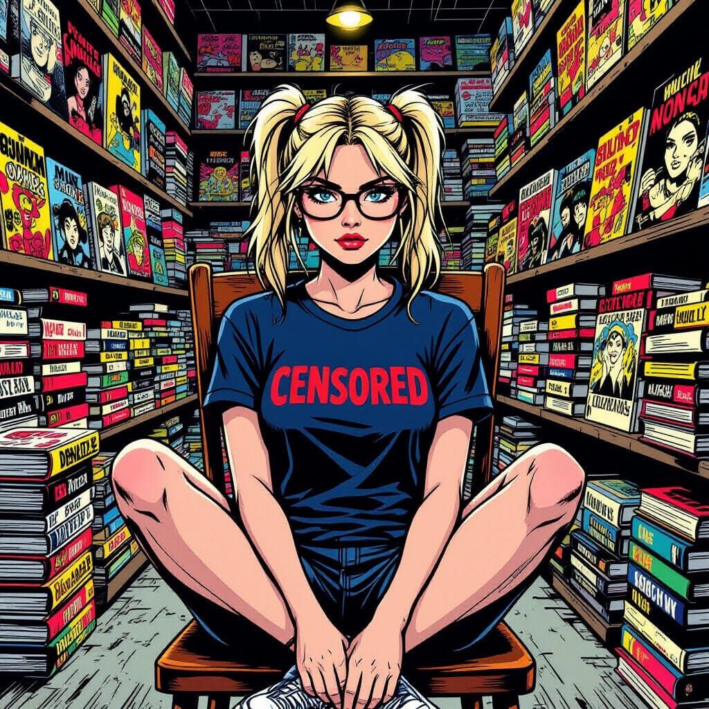 Nerdy Woman in Comic Store, Digital Painting Style