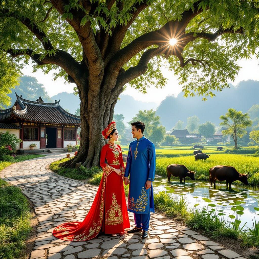 Vietnamese Village Wedding Scene in Bright, Cheerful Light