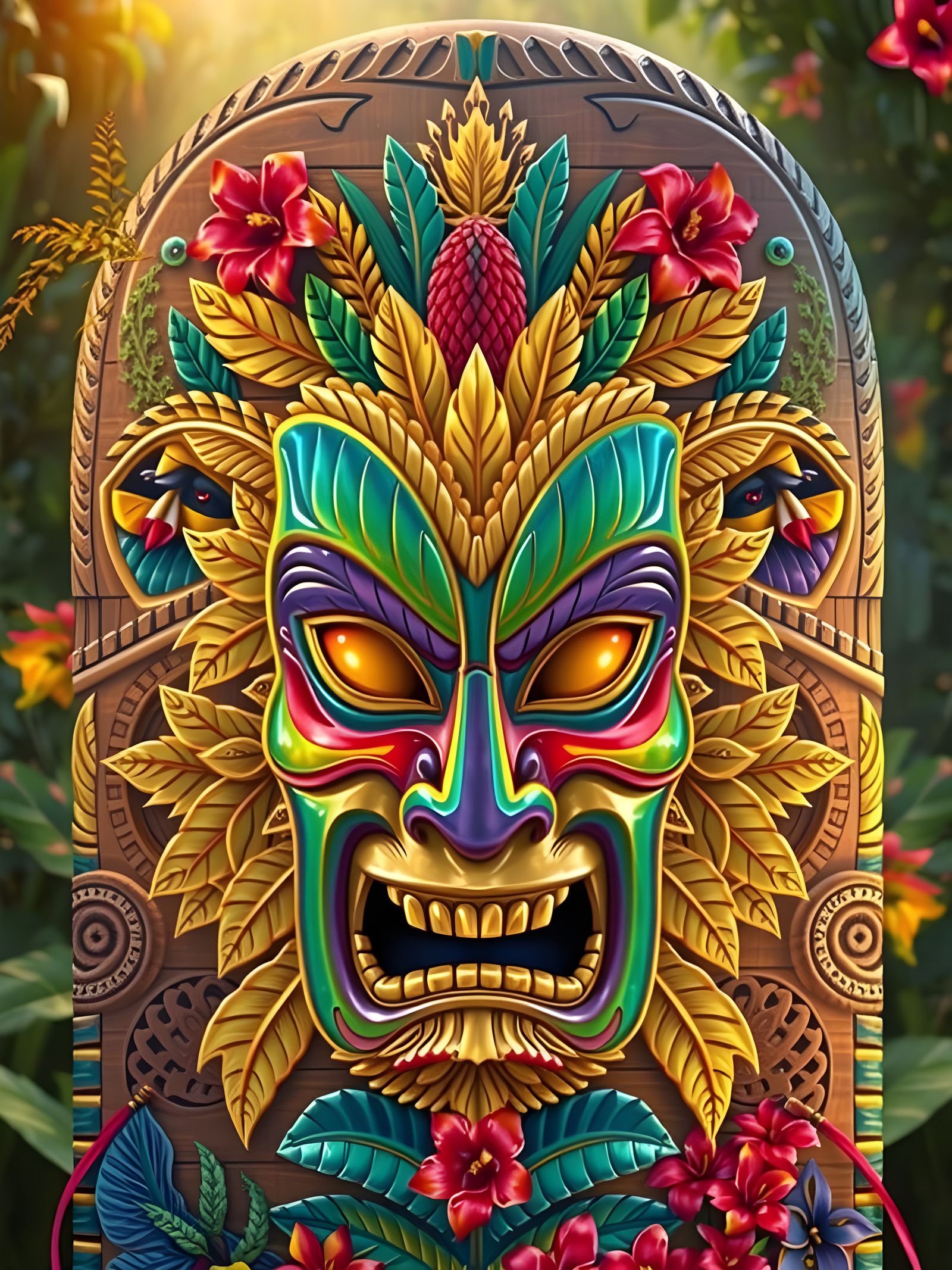 Serious Expression Tiki Mask in Vibrant Tropical Woodland