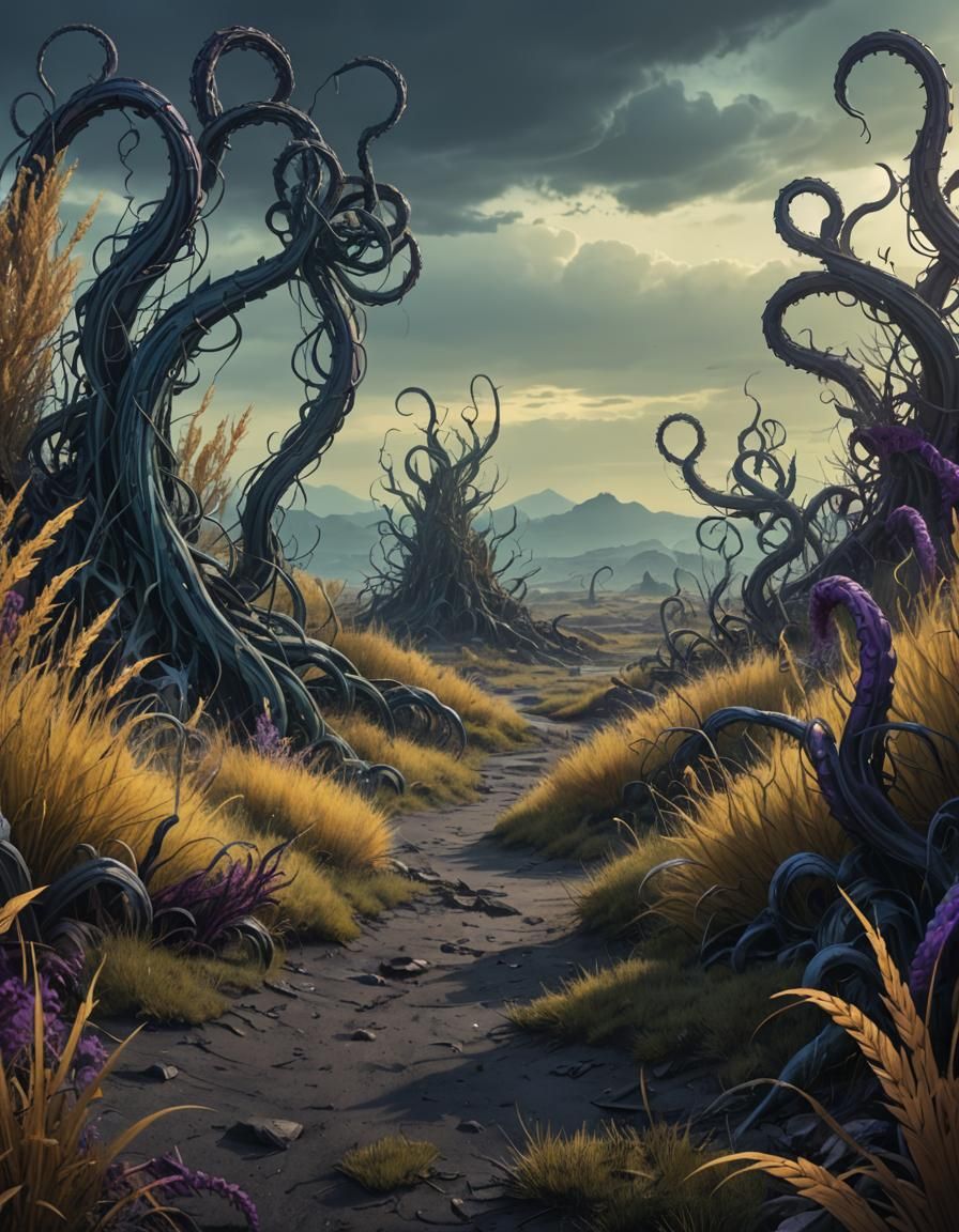 Eerie Landscape with Tentacle Grass in Dark Fantasy Style