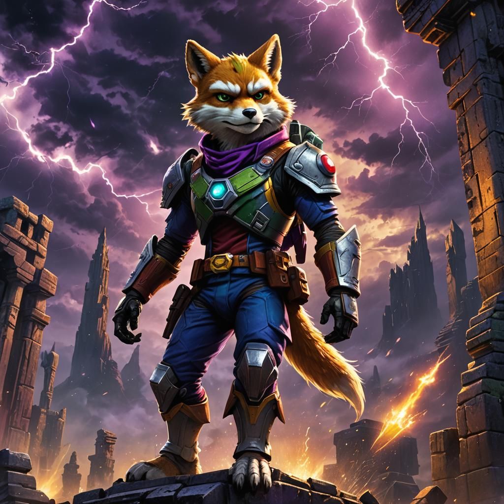 Heroic Star Fox on Ancient Ruins in Dark Fantasy Art