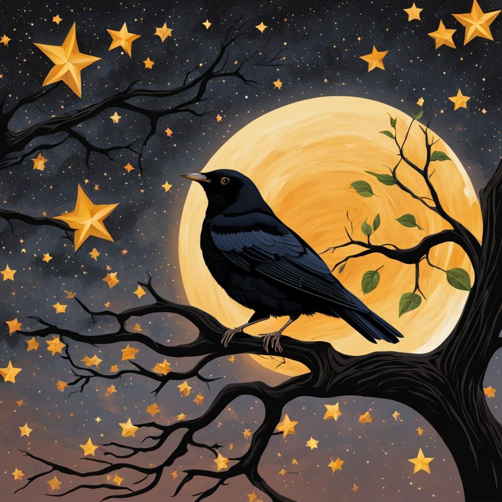 A blackbird sitting on a branch amongst the stars
