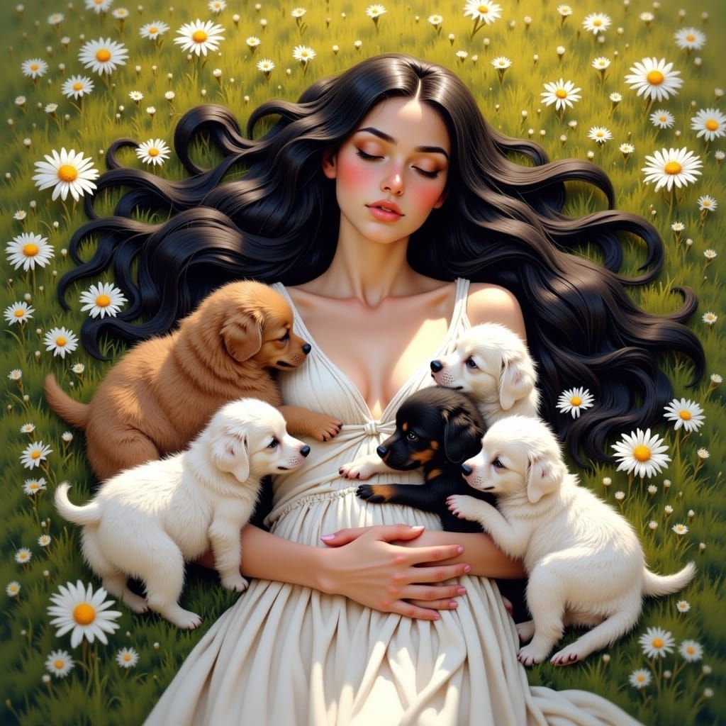 Woman and Puppies in Daisy Field at Golden Hour