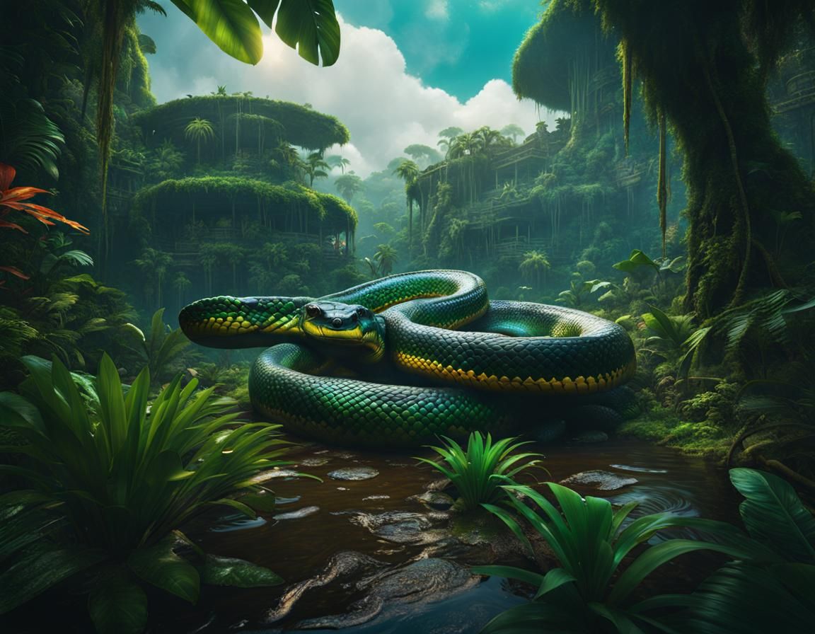 Anaconda in Amazon Jungle: Detailed Matte Painting