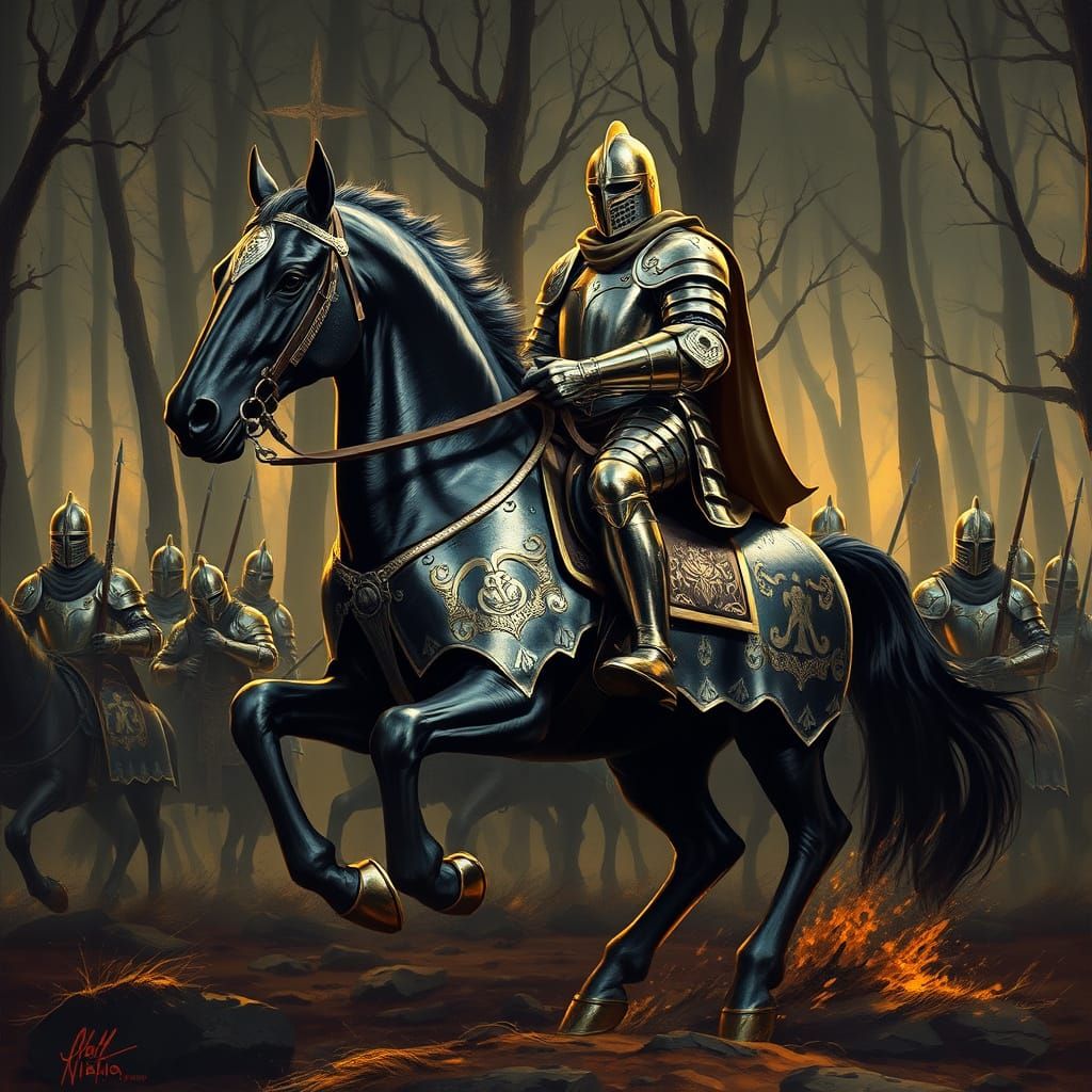 Armored Knight on Horseback in Dark Woods