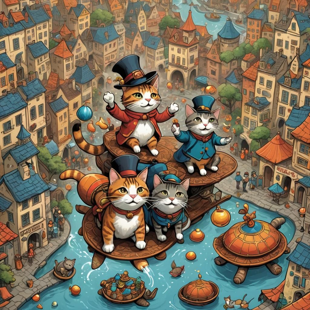 Cats on Magic Carpet Throwing Water Bombs